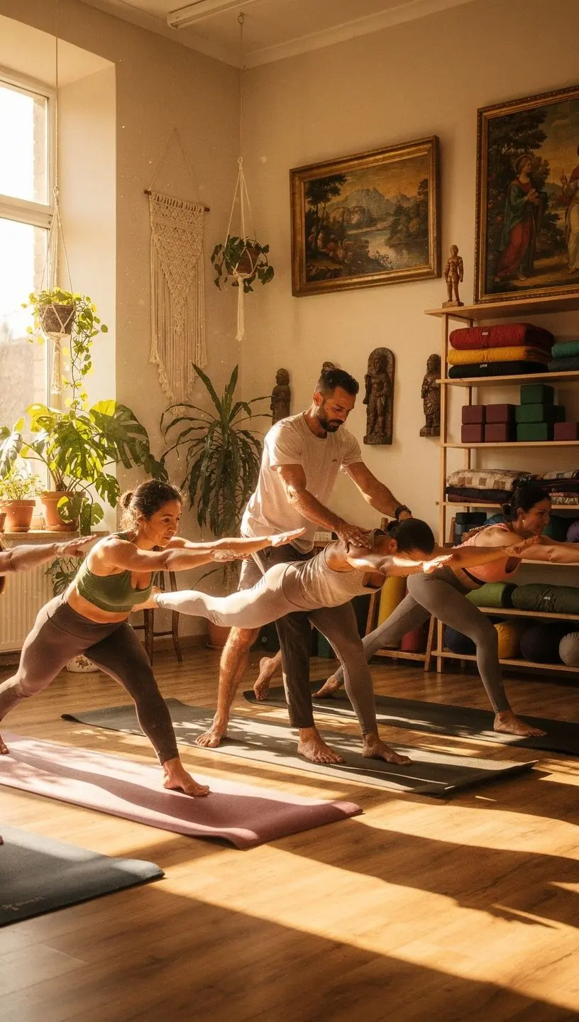 Gruppo di praticanti che eseguono posizioni di yoga all'aperto, circondati dalla natura.