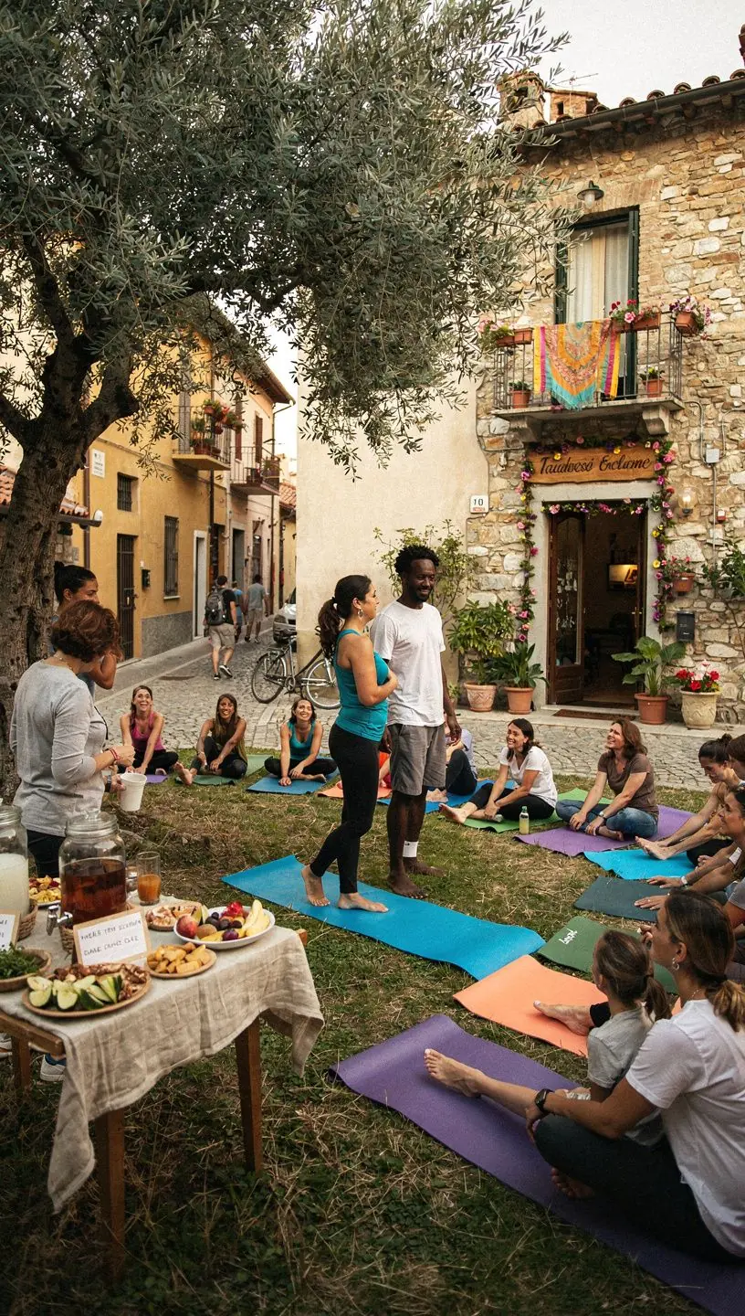 Momento di meditazione collettiva, con i partecipanti seduti in cerchio e gli occhi chiusi.