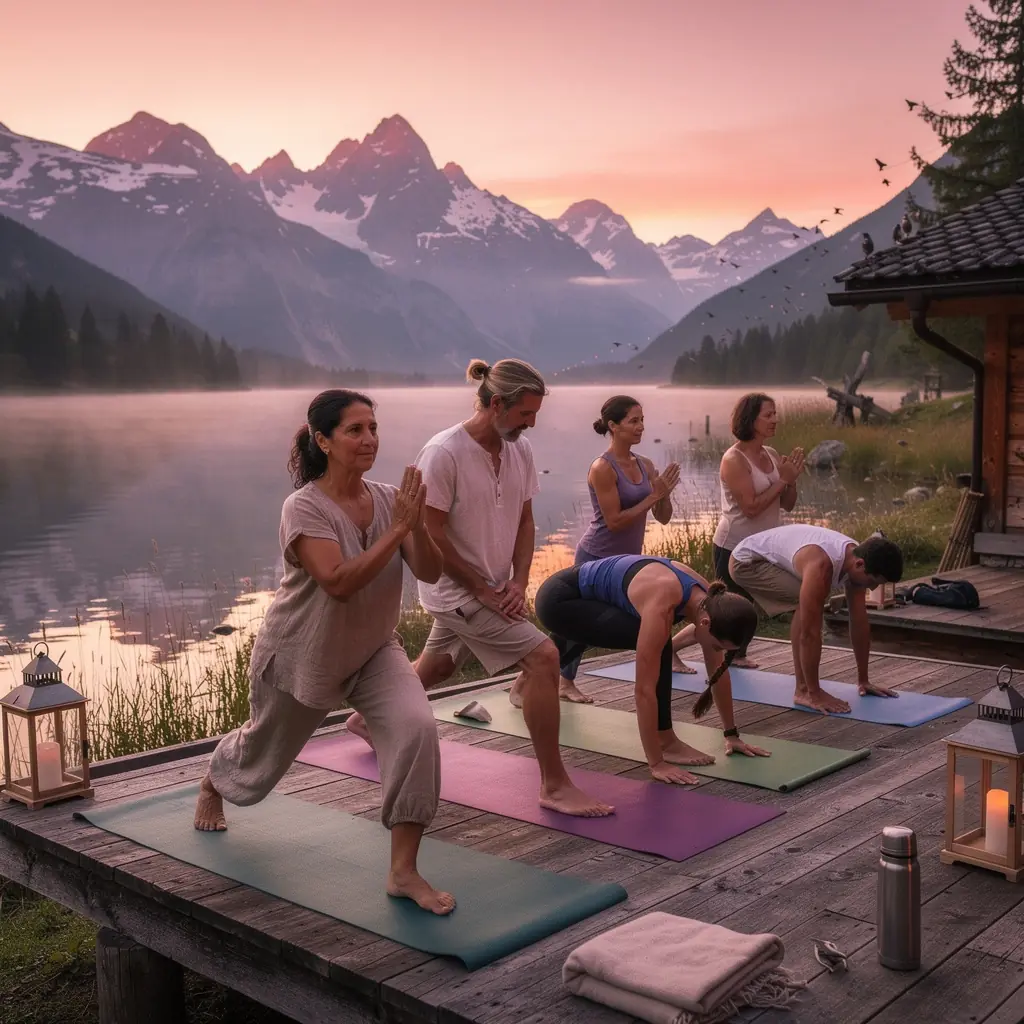 Insegnante di yoga che guida una lezione di Hatha Yoga in un ambiente sereno.